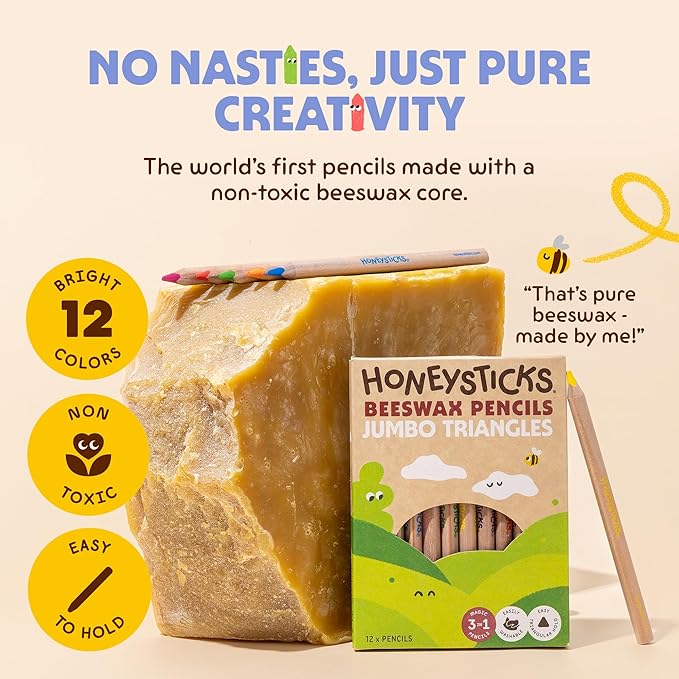 Honeysticks Jumbo Triangle Colored Pencils (12 Pack) - Preschool Pencil with Non-Toxic Beeswax Core, Large Triangular Shape, Easy Grasp, Bright Colors, Toddler Coloring and Drawing, Kids 1-3, 2-4, 3-5