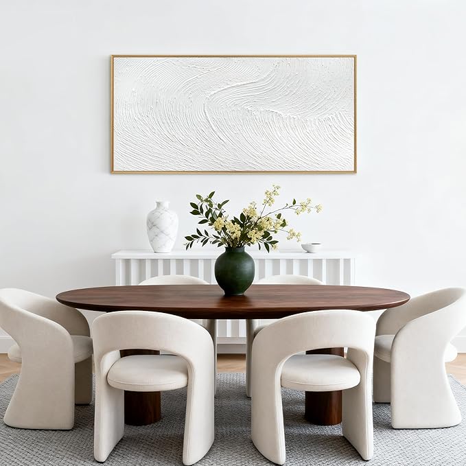 Large 100% Handmade Abstract Oil Painting with Frame Modern Original Hand Painted White Texture Framed Canvas Wall Art Minimalist Sea Wave Large Artwork for Living Room Bedroom Office 48x24in