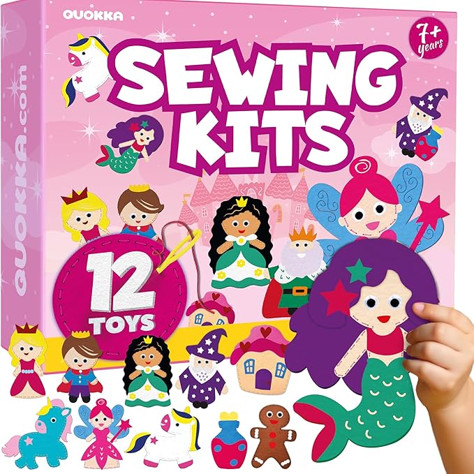 QUOKKA Kids Crafts Ages 7-8, DIY Beginner Needle and Thread Kit - 12 Fairy Tale Sewing Kit Basic - Fun Arts Crafts for Kids Ages 6-8 Girls Boys - Plastic Needles, Scissors - 7+ Year Old Girl Gifts
