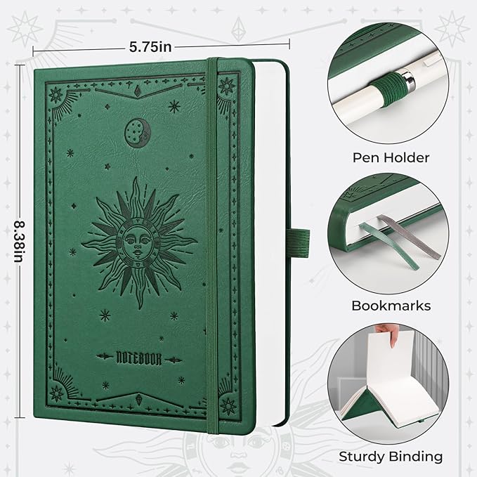 EMSHOI Dot Grid Journal Bullet Notebook - 320 Pages, 100gsm Thick Paper, A5 Hardcover Leather Dotted Journal Notebook for Writing, Sketching, Planning & Creative Projects (5.75"x8.38", Dark Green)