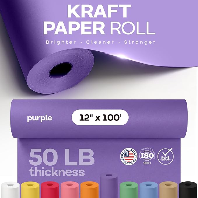 12" x 1200" (100 feet) Purple Kraft Paper Roll - USA-Made Quality Craft Paper for Gift Wrapping, Kids' Arts & Crafts, School Projects - 100% Recycled Natural Material 50lb Thickness by IDL Packaging