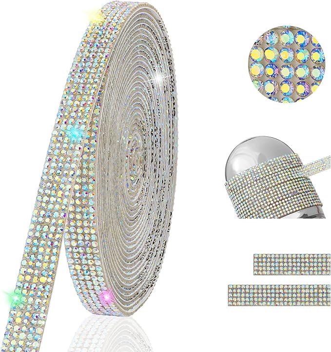 5-Rows Rhinestone Ribbon Self Adhesive Crystal Rhinestones, 5-Yard Bedazzling Strips, 5-Yard Rhinestone Strips for DIY Craft, Rhinestones for Crafting, Home Decor, AB Crystal