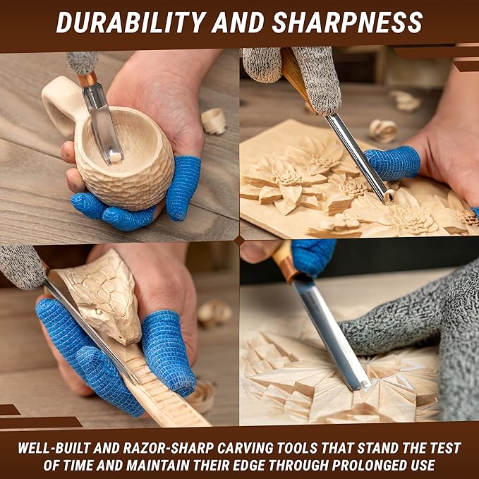 BeaverCraft Wood Carving Gouges Chisels Kit SC01 - Wood Spoon Carving Chisel Set - Whittling Tools Includes Radial Gouges, Flat Chisel, Bent Gouge, Leather Strop & Rolling Pouch