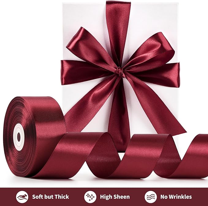 1-1/2 Inch Wide Dark Red Satin Ribbon, 50 Yards Solid Polyester Fabric Ribbon for Roses Making, Gift Wrapping, Valentine's Day, Wedding Decorations, Crafts, Bows, Flower Bouquets