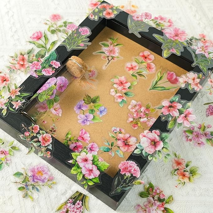 50pcs Pink Flower Stickers for Scrapbooking - Waterproof Clear Floral Botanical Sticker for Journaling, Crafts, Art Projects, Glass Potion Bottles