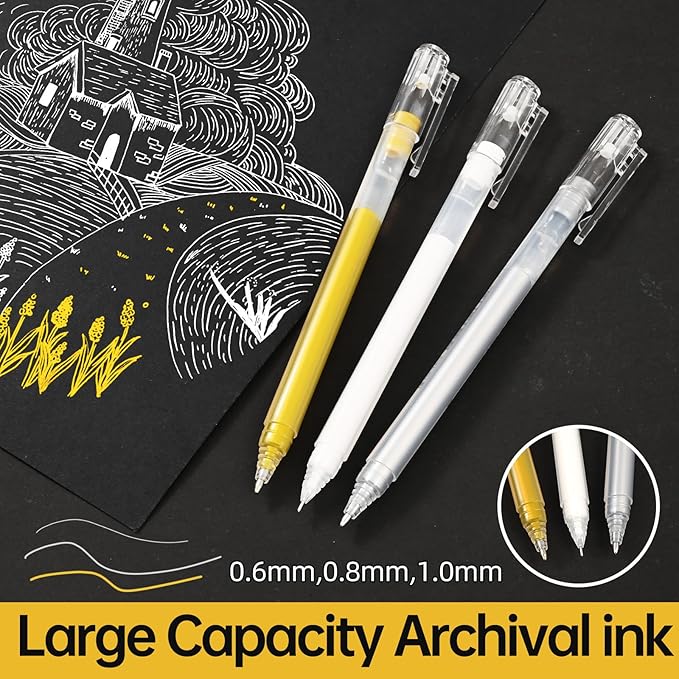 Gold Silver White Gel Pens - 0.6/0.8/1.0mm Extra Fine Point Opaque Archival Ink Pen Set for Black Paper Art, Holiday Gifts & Bullet Journaling - 9 Pack Gel Pens for Artists, Card Making Sketching