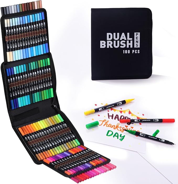 Dual Markers Brush Pens, 100 Coloring Pens and Fine Tips – Premium Art Supplies for Adults, Perfect for Coloring Books, Hand Lettering, Calligraphy, and Drawing