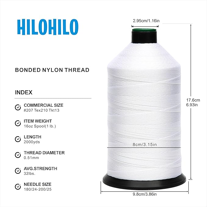 Extra Strong Bonded Nylon Thread #207 Tex210 – 16 OZ, 2000yds, Versatile Stitching Solution for Leather, Upholstery, Canvas Repair and More (White)