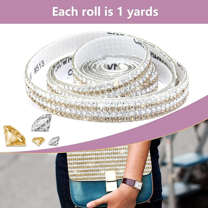 4 Rolls Rhinestone Tape Self Adhesive Crystal Ribbon Diamond Bling Strips with 2 mm Glitter Sticker for Arts Crafts Wedding Birthday Party DIY Event Car Phone Decoration (Silver+Gold)