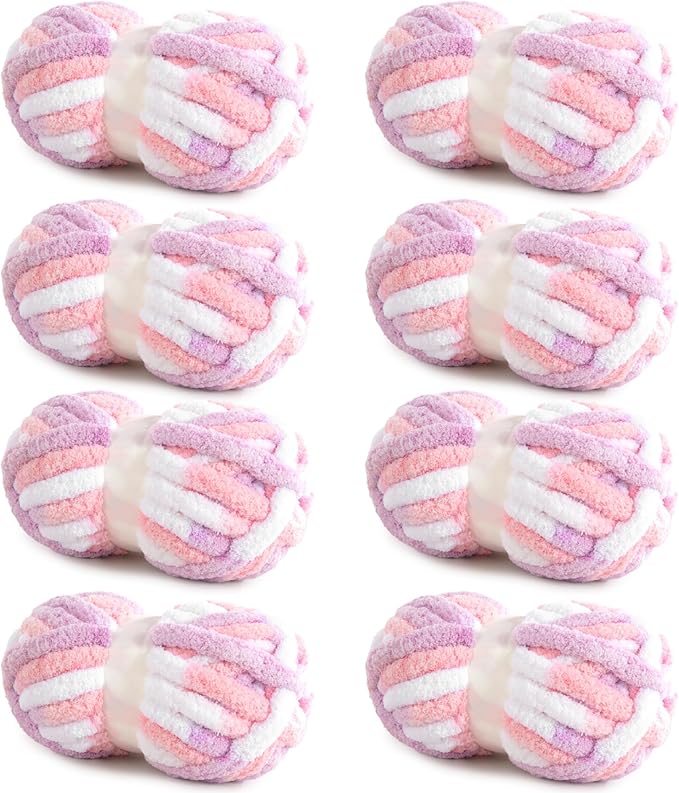 HOMBYS 8 Pack Giant Chunky Yarn - Super Bulky, Large Soft Fluffy, Tie Dye Plush Fuzzy, Mixed Color Thick Chenille Yarn for Crocheting/Hand Knitting (Pink, Purple)