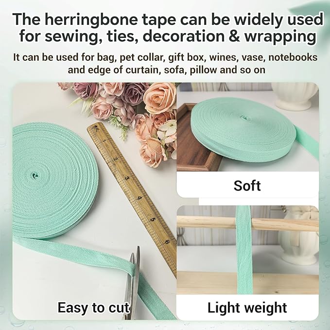 40 Yards Herringbone Twill Tape for Sewing,Pet Collar,Gift Wrapping Home Deco -3/4 inch Mint Green Cotton Webbing Straps-Natural Bias Binding Tape for Handles, Crafting & DIY Projects