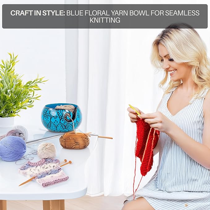 Nagina International Ceramic Attractively Hand Painted Gorgeous Stoneware Yarn Ball Storage Bowl With Innovative Dispensing Curl | Knitting & Crochet Accessions (Small, Greek Blue)