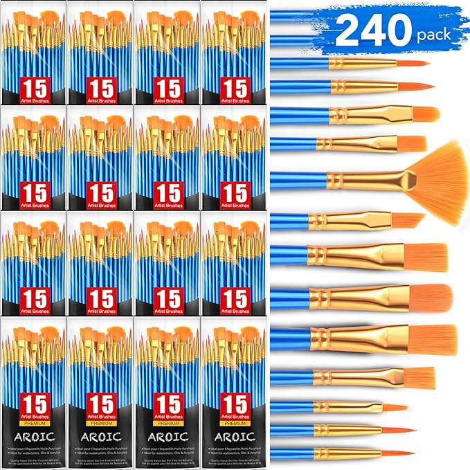 AROIC Acrylic Paint Brush Set, 240 pcs/ 16 PackNylon Hair Paint Brushes for All Purpose Oil Watercolor Face Body Rock Painting Artist, Small Paint Brush Kits for Kids Adult Drawing