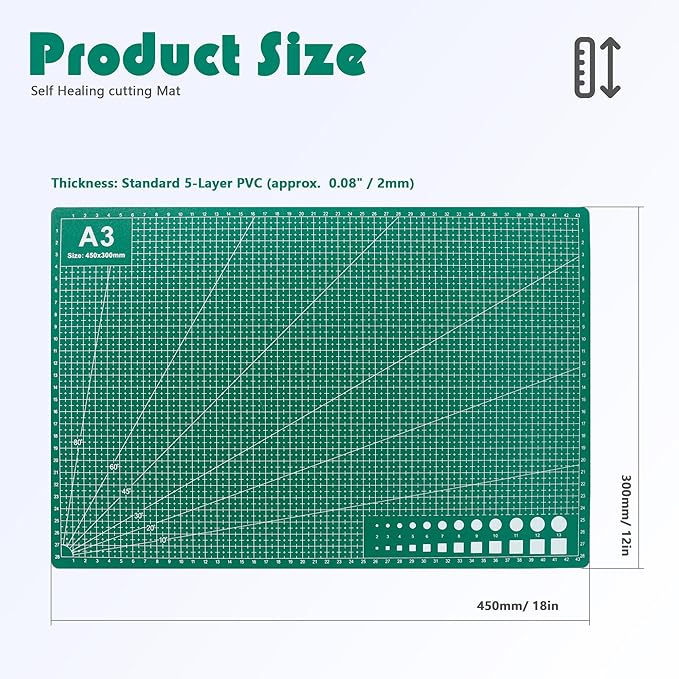 Self Healing Sewing Mat, 12inch x 18inch Rotary Cutting Mat Double Sided 5-Ply Craft Cutting Board for Sewing Crafts Hobby Fabric Precision Scrapbooking Project (A3: 12"W x 18"L)