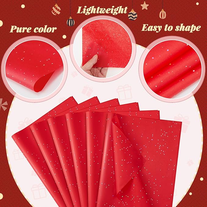 Qilery 500 Sheets Glitter Red Tissue Paper Bulk 15 x 20 Inch Valentine's Day Sparkle Wrapping Paper for Gift Bags Acid Free Tissue for Chinese New Year Craft, Bouquet, Garland, Forming Pompom, Wedding