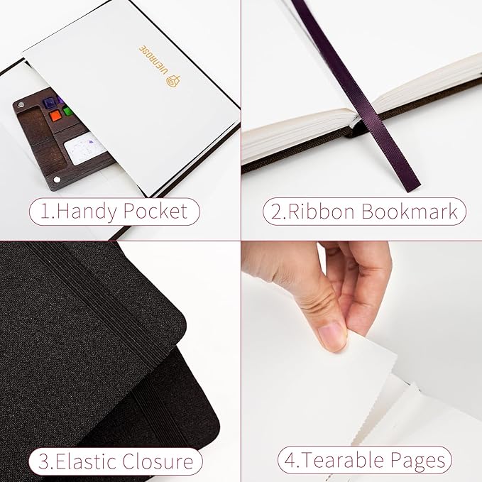Vienrose Watercolor Sketchbook, 5.5"x5.5" Watercolor Journal with 24 Sheets 140 LB (300 GSM) Cotton Watercolor Paper, Black Linen Cover Watercolcr Sketch Book As Travel Notebook Mixed Media Pad