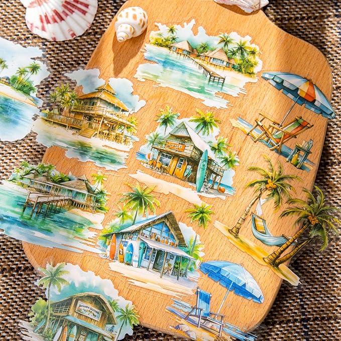 Yoksas Travel Sea Beach Nature Outdoor Watercolor Scenery Stickers - 180Pcs Waterproof Clear Adventure Camping Scrapbook Stickers for Junk Journals,Planner,Art Craft Supplies
