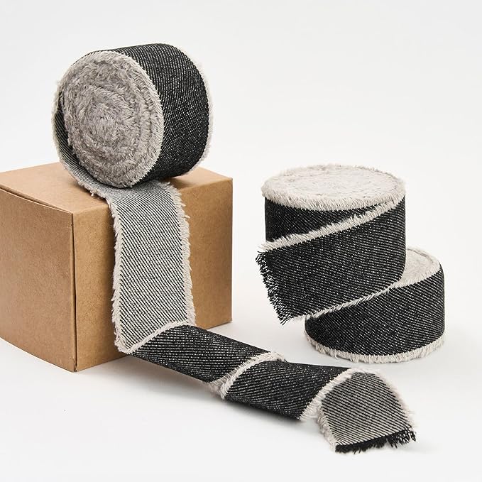 Pretty Jolly Black Denim Ribbon for Crafts Handmade Rustic Frayed Cotton Jean Fabric Ribbon for Flower Bouquet 15 Yards 1 1/2 Inch Cloth Ribbons for Gift Wrapping Hair Sewing Accessories Holiday Decor