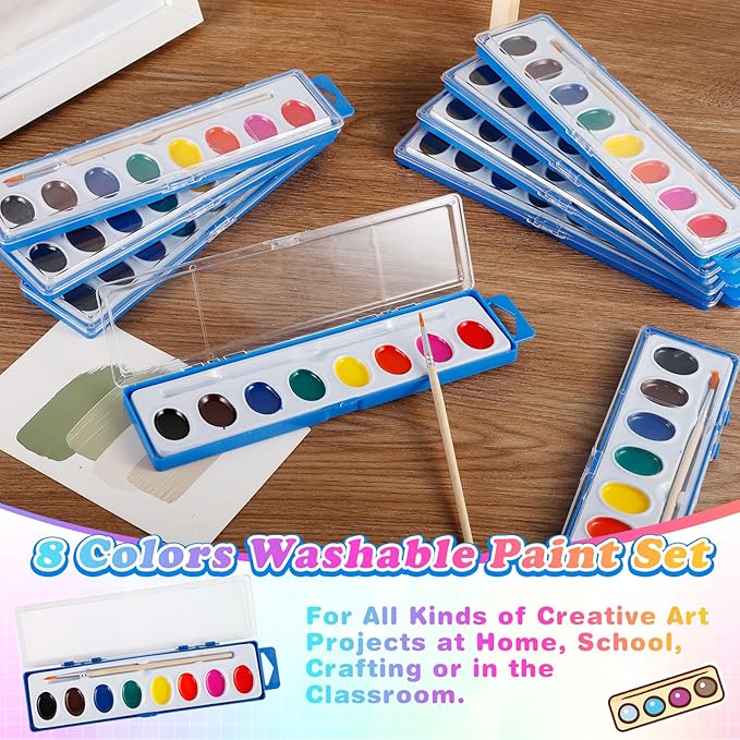 18 Pack Watercolor Paint Set,8 Colors Water Color Paints with Paint Brushes,Washable Bulk Watercolors Paint for Classroom Art Activities Birthday Party Favors