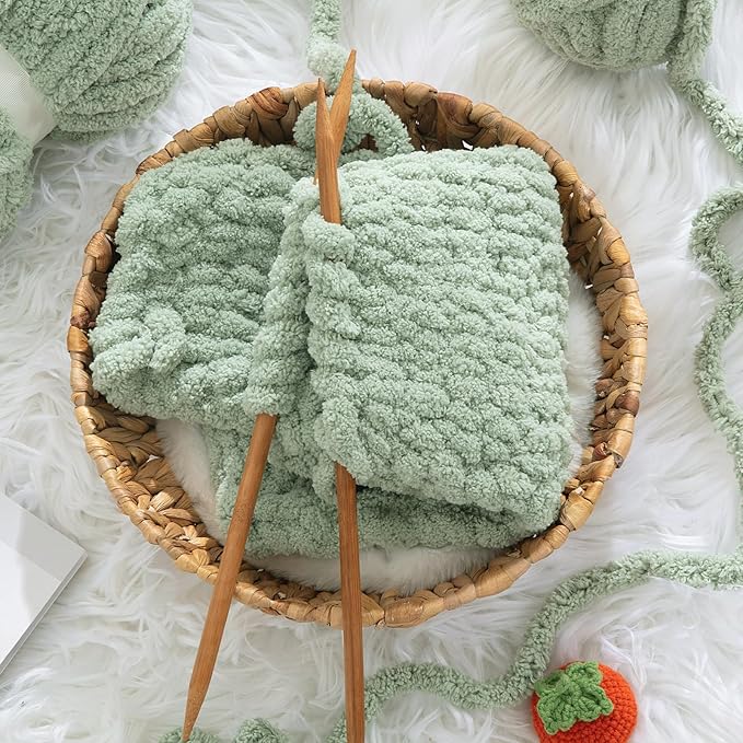 HOMBYS Sage Green Chunky Chenille Yarn for Hand Knitting,Fluffy Soft Jumbo Yarn Crocheting,Super Bulky Big Yarn for Chunky Blanket,Large Thick Arm Knitting Yarn,8 Pack Plush Yarn