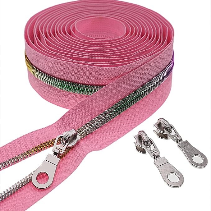 #5 Colorful Metallic Nylon Coil Zipper by Yard,Pink Zipper Tape Bulk 10 Yards with 25pcs Silver Pull for DIY Sewing Craft Bag YIGUANXIN