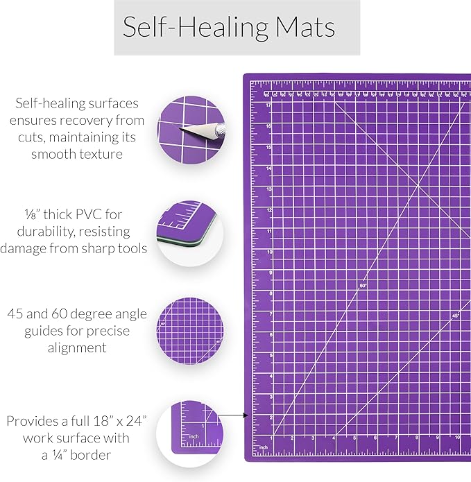 Breman Precision 18x24 Inch Self Healing Cutting Mat – 2-Sided 5-Ply PVC Purple/Gray Cutting Mats for Crafts, Sewing, Quilting & DIY Projects with Durable Non-Slip Surface and Precise Grid Lines