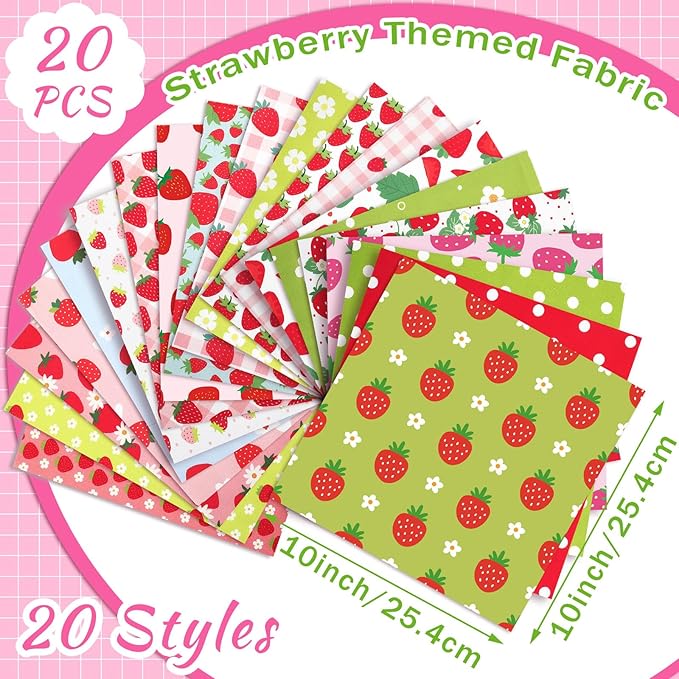 HunnmingRe 20 Pcs 10''x10'' Strawberry Quilting Fabric Square Summer Strawberry Quiltted Fabric Bundle Multicolor Precuts Printed Patchwork Supplies for Holiday DIY Sewing Craft