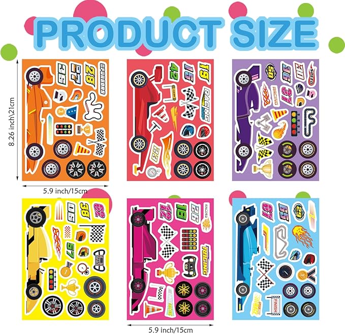 24 Sheets Make Your Own Race Car Stickers, Sporty Racing Car Stickers for Kids, Racing Gifts Party Favors Supplies, Classroom Teacher Reward Educational Toy Art Craft