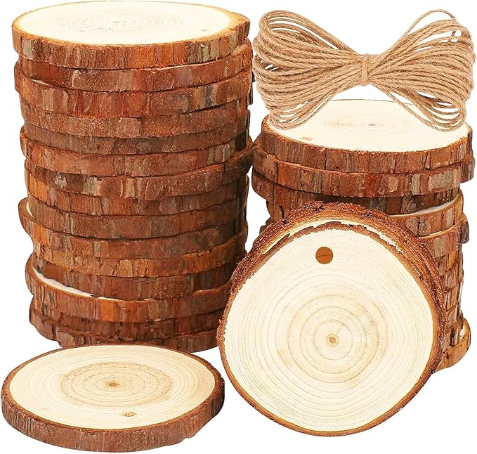 30pcs Wood Slices, BetterJonny 2.75-3.15 inch Undrilled Wooden Circles Predrilled with Hole Natural Wood Ornaments with 10 Meters Jute Rope for Arts DIY Craft