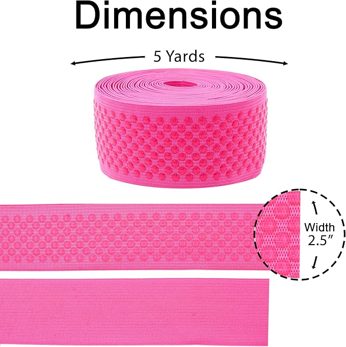 Mandala Crafts 2.5 Inch Elastic Silicone Gripper Tape for Clothing - 5 Yds Dotted Non Slip Elastic Band for Sewing - Hot Pink Silicone Flat Fabric Stretchy Ribbon Straps