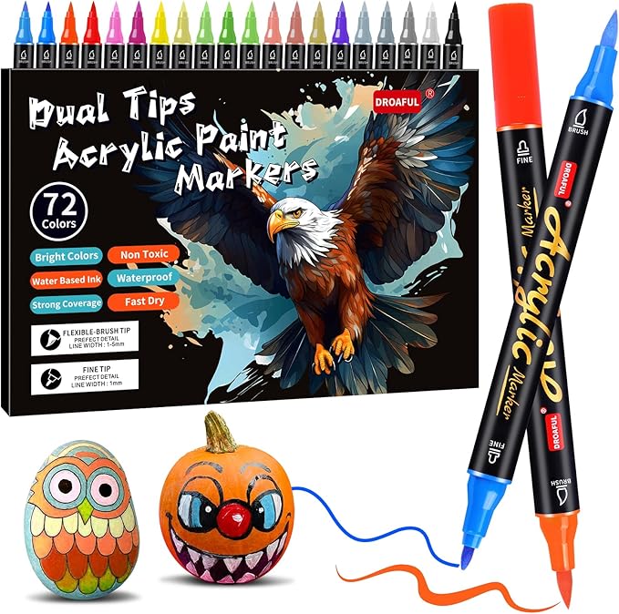 Acrylic Paint Pens Markers,72 Color Paint Markers Dual Fine & Brush Tips For Rock Painting,Fabric,Metal,Glass,Wood,Canvas,Ceramic,Plastic,Non-Toxic & Odor,Premium Art And DIY Craft Supplies