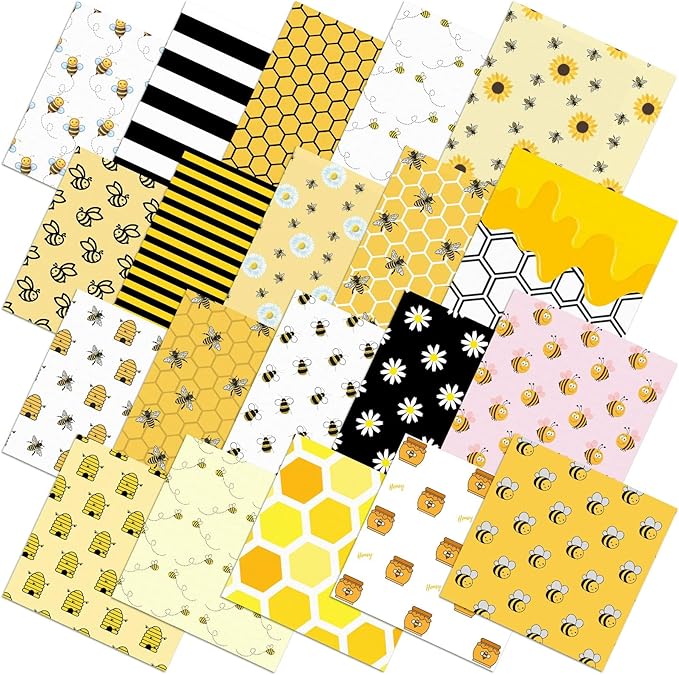 20 Pcs 10''x10'' Bee Quilting Fabric Square Bundle Honeycomb Daisy Gnomes Precuts Quilted Fabric Yellow Printed Patchwork Supplies for Holiday Summer Patchwork DIY Sewing Crafts