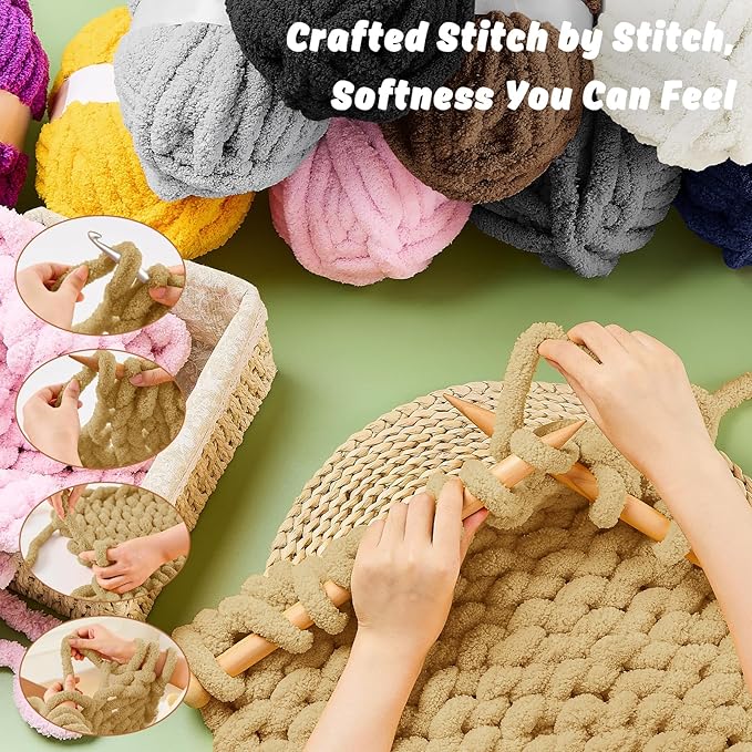 Inhand 18 Pack Chunky Chenille Yarn for Crocheting–30.6 Yards, 7.7oz, Soft Fluffy Thick Yarn,Gifts for Women/Grandma/Men Birthday Christmas Unique,Hand Knitting for Blankets&DIY Crafts (Khaki)