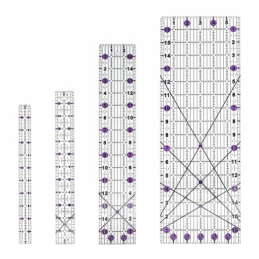 Quilting Rulers,Sewing Rulers,4 Piece Quilting Square Templates Purple(1"X11",1.5"X12",3"X16",6"X17")