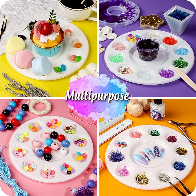 FANDAMEI White Round Paint Tray Palettes, Paint Palette Tray, Plastic Paint Tray Palette, Paint Palettes Paint Pallets with 10 Wells for Adults & Kids, for Painting or DIY Craft Class, 4 PCS