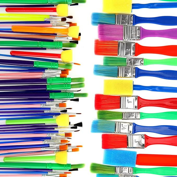 Lincia 150pcs All Purpose Paint Brush Set Bulk for Acrylic and Washable Paints, Easy to Clean and Hold, Round and Flat Kids Brushes, Great with Watercolors