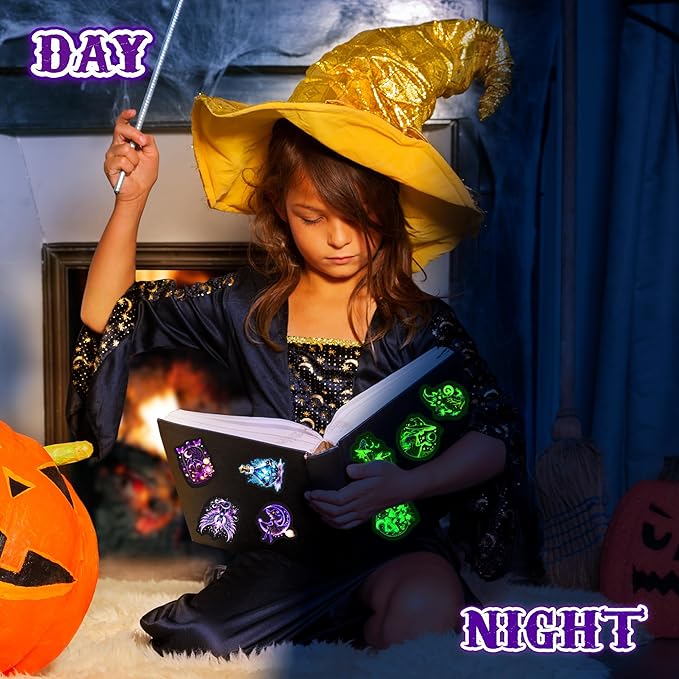 60 Pcs Glow in The Dark Neon Halloween Stickers for Kids, Waterproof Witches Magic Decals for Water Bottle, Vinyl Laptop Decor for Teens Girls Boys, Students Classroom Prizes