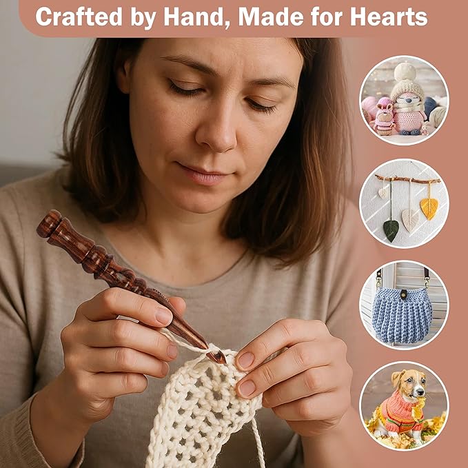 Wooden Crochet Hook Set of 13, Ergonomic Soft Grip Handles for Arthritis & Hand Pain, 3.5mm–12mm Crochet Needles for Beginners, Knitting & Yarn Crafts