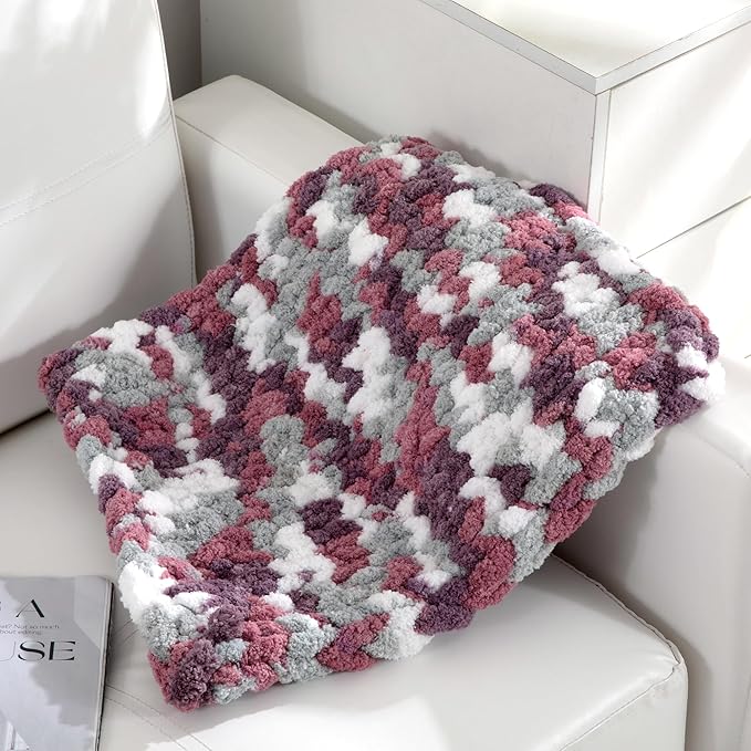 HOMBYS 12 Pack Giant Chunky Yarn for Crocheting & Knitting, Super Bulky Soft Fluffy Tie Dye Plush Fuzzy Mixed Color Thick Chenille Yarn (Red, Purple)