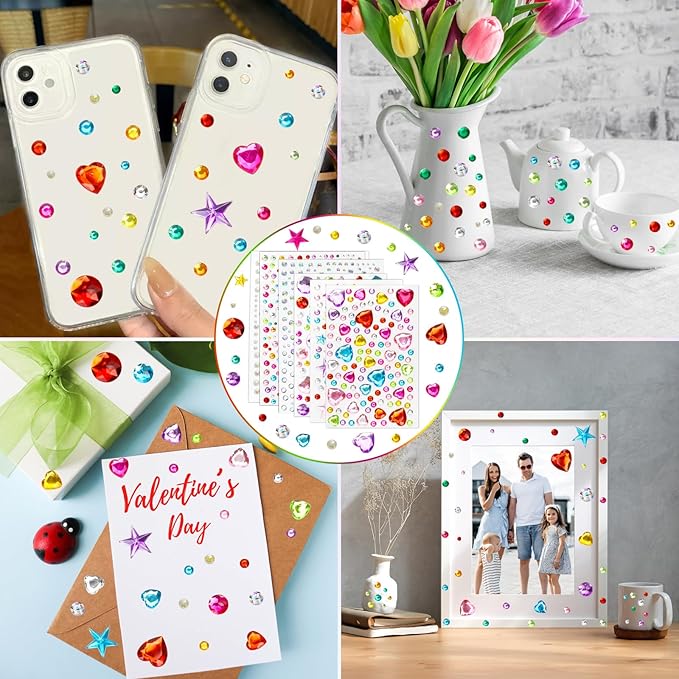 1296 pcs Valentines Gem Stickers Rhinestones for Crafts, Sparkling Cute Star Heart Round Small Stickers for Women Adults, Glitter Jewels Stickers for Face Eye Body Makeup, DIY Decoration WUINOID