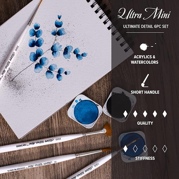 Silver Brush Limited UMS-2460S Ultra Mini Basic Miniature Detail Set, Paintbrushes for Watercolor, Gouache, Inks, Dyes, Acrylic, & Heavy Body Paints, Set of 6, Short Handle