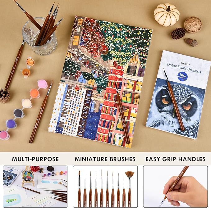 HNIHUY Detail Paint Brushes Set 10pcs Miniature Brushes for Fine Detailing & Art Painting - Acrylic, Watercolor, Oil, Models