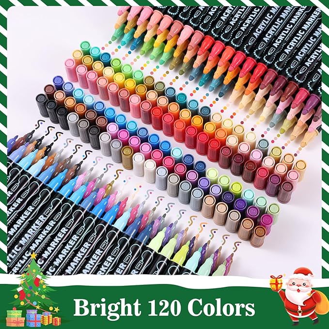 120 Colors Waterproof Dual Tip Acrylic Paint Pens, Dot & Fine Tip Premium Coloring Drawing Markers Set for Wood, Rock, Canvas, Glass, Ceramic Surfaces and DIY Crafts Making Art Supplies