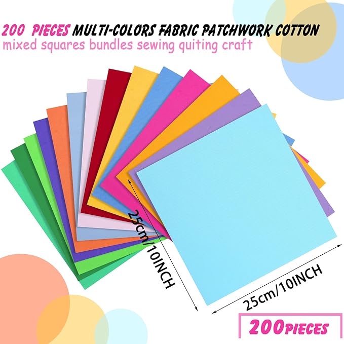 Tudomro 200 Pcs 10 x 10 Inch Solid Cotton Fabric Squares Bundle Fat Quarters Sewing Fabric Multicolor Precut Quilting Fabrics for Beginners DIY Sewing Patchwork Embroidery Craft
