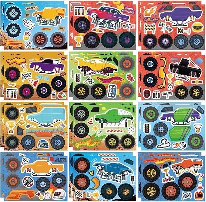 DUJAA 24 Sheets Monster Truck Stickers for Kids, Colorful, Premium Quality, Make Your Own, Monster Truck Party Favor, Teacher Reward, Birthday Gift