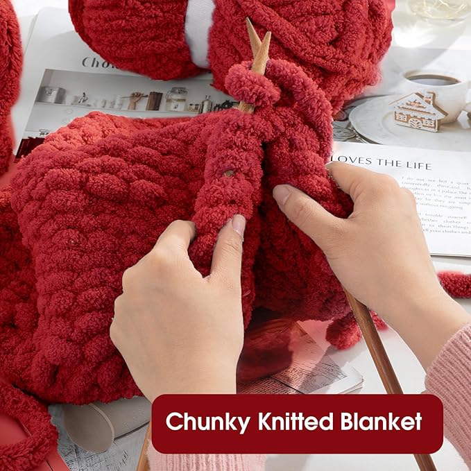 HOMBYS Red Chunky Chenille Yarn for Hand Knitting,Fluffy Soft Jumbo Yarn Crocheting,Super Bulky Big Yarn for Chunky Blanket,Large Thick Arm Knitting Yarn,8 Pack Plush Yarn