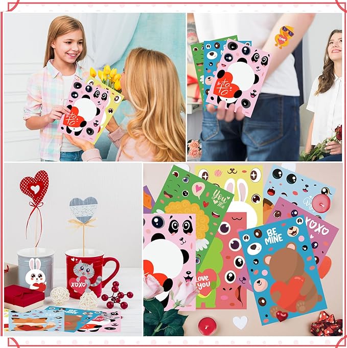 XZENTIRA 32 PCS Valentines Day Animal DIY Stickers 8 Designs Holiday Stickers for DIY Valentines Day Crafts Party Gifts Galentines Decorations