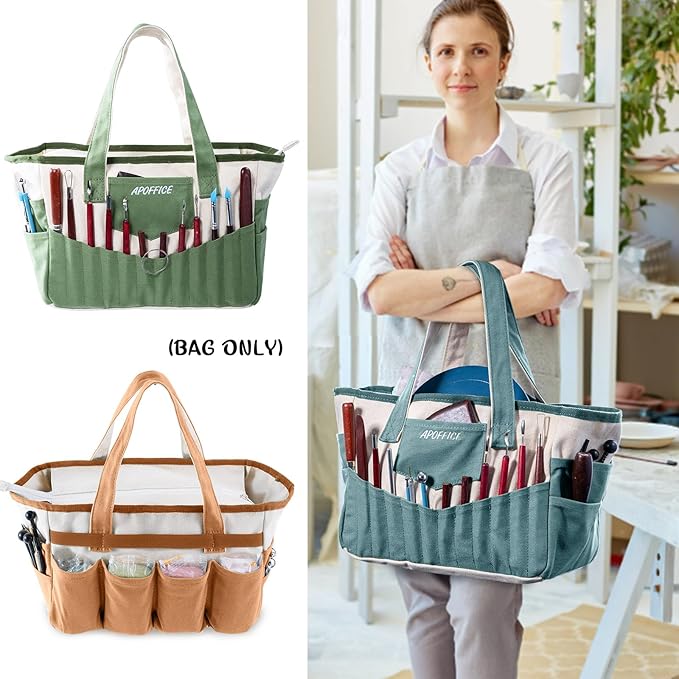 APOFFICE Pottery Tools Bag with Pockets for Clay Sculpting Tools, Ceramic Tools– Art Supply Organizer for Polymer Clay Tools, Craft Tote, Yarn & Crochet Storage, Washable Canvas Artist Bag Gift