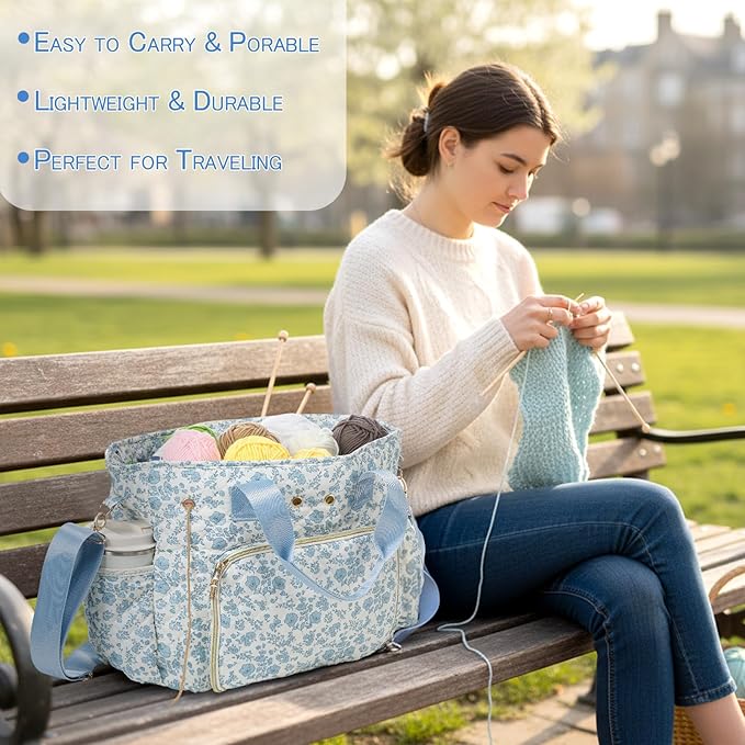 SilTriangle Large Blue Floral Quilted Crochet Knitting Bags and Totes Organizer Cotton Yarn Hook Bag Holder Christmas Corduroy Gift for Crochet Lover Crocheting Accessories, Needle with Zipper, Size M