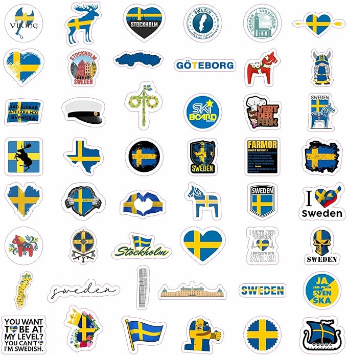 BulbaCraft Swedish Stickers for Water Bottle and Laptop - Nordic Party Supplies & Decorations, Waterproof Vinyl Swedish Decals, Sweden Flag and Culture Stickers Laptop Decals, Gifts for Women & Men